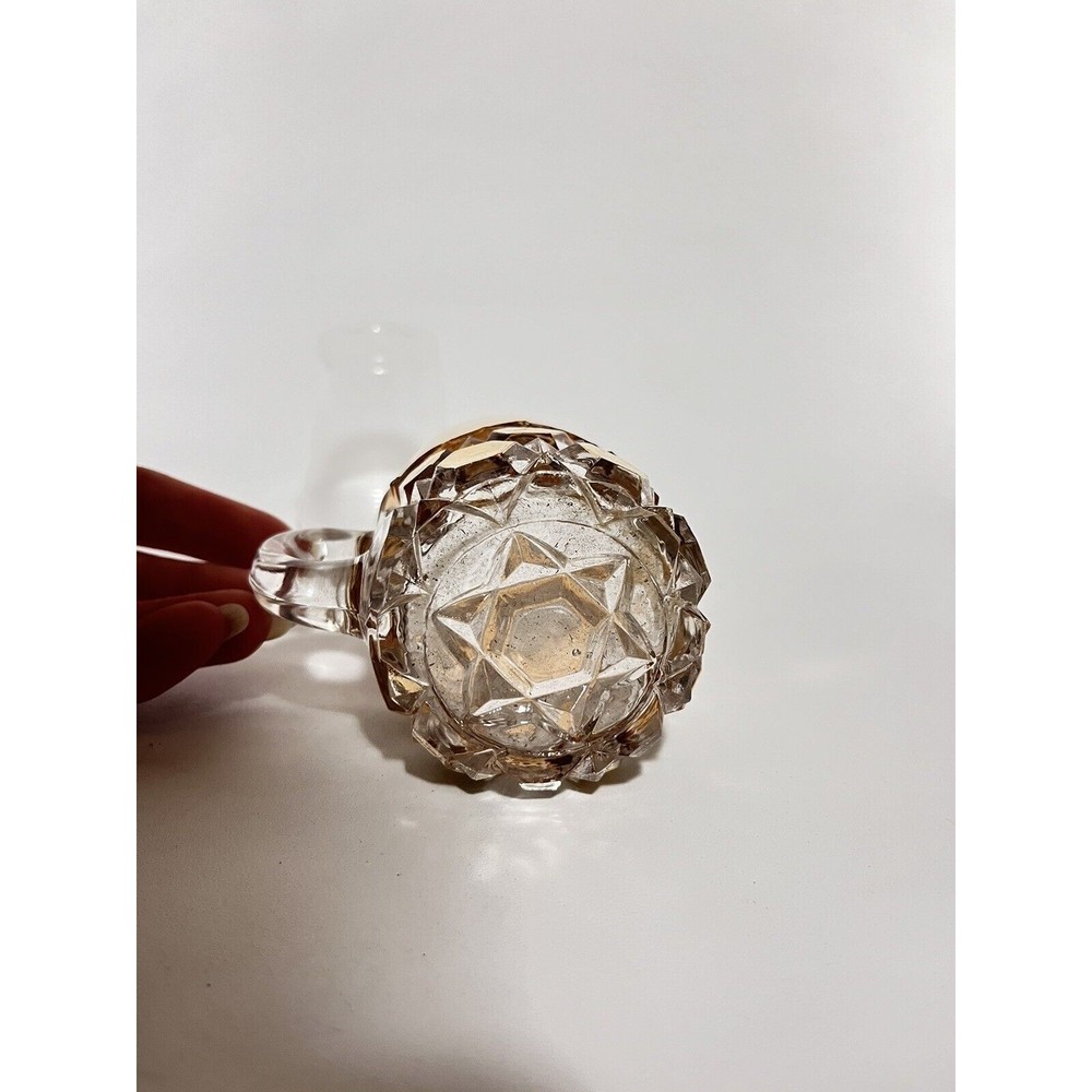 Vintage Glass Mug Cup Gold Leaf Clear Fancy Small 3" Hexagon Bevel Art Deco - Picture 4 of 7